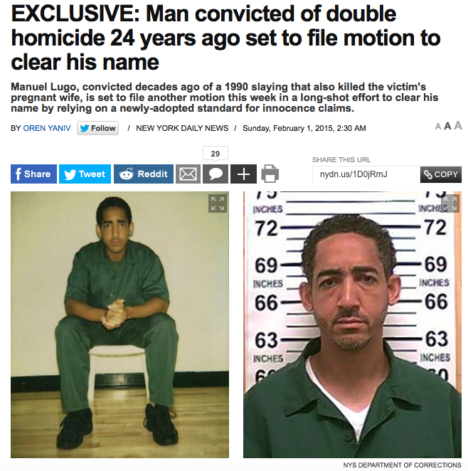 Screenshot of New York Daily News exclusive on Manuel Lugo filing to clear his name, February 2015, with case photos.
