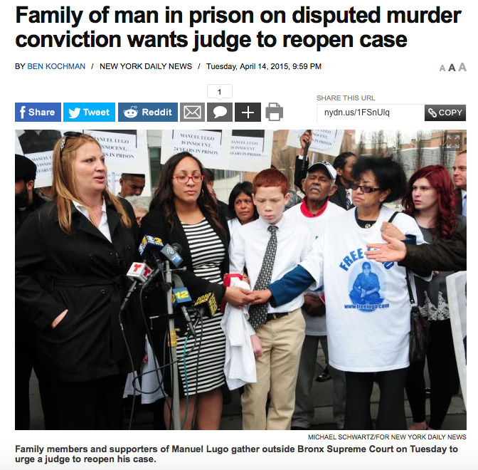 Screenshot of New York Daily News article: family urges Bronx judge to reopen Manuel Lugo murder case, April 2015.